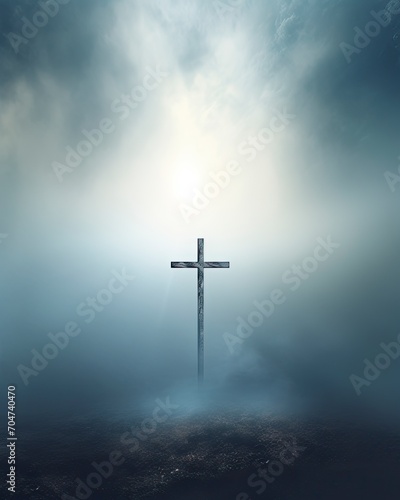 Fotografia The Empty Cross, hazy, worship background art, Christianity, copy space - genera