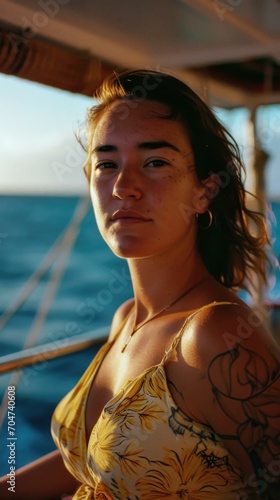 A woman with tattoos on her arms is on a boat. Generative AI. © Natalia