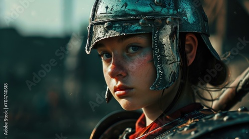 A young woman in armor is looking off to the side. Generative AI.