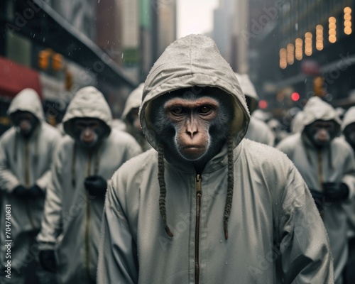 A group of monkeys in white coats walking down the street. Generative AI.