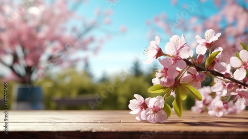 Warm sunlight filters through vibrant cherry blossoms resting on a wooden surface, capturing the essence of spring.