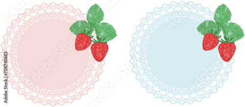 レース模様にいちごのワンポイントのフレーム、ベクターイラスト