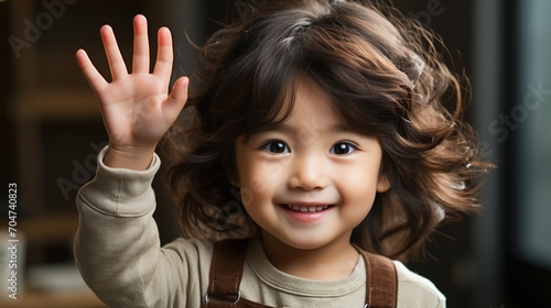 Happy Asian little girl smiling and standing with hand up