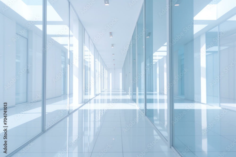Fototapeta premium A long hallway with glass walls and a bright light. Generative AI.