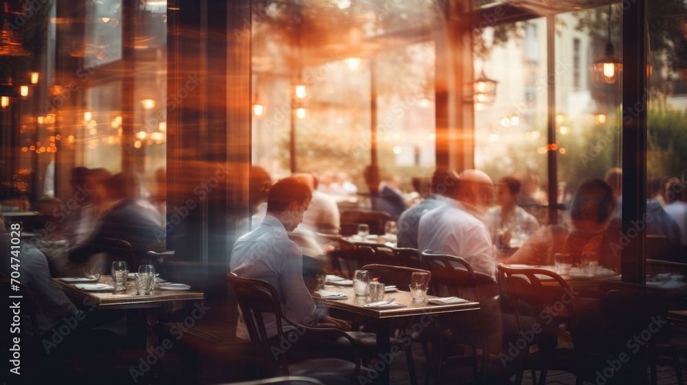 People sitting at tables in a restaurant with blurry light. Generative AI. People sitting at tables in a restaurant with blurry light. Generative AI.