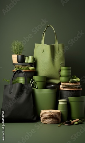 Green leather bags and baskets on a dark background. Generative AI.