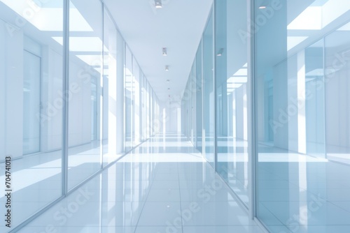 A long hallway with glass walls and a bright light. Generative AI.