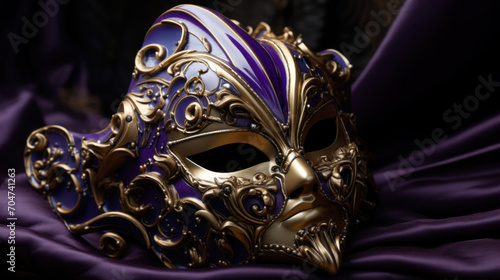 An elaborate Venetian mask with gold and purple detailing resting on a silky purple background. © tashechka