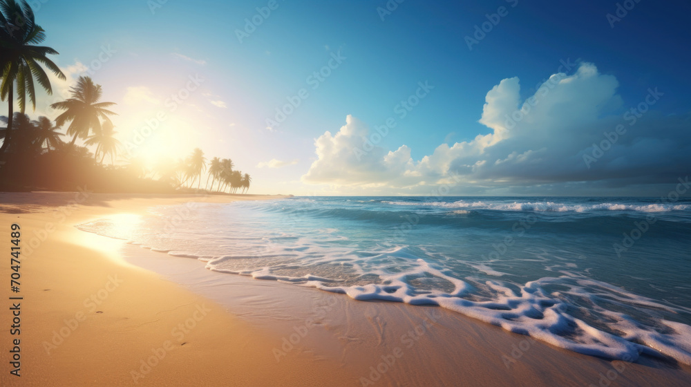 The warm glow of the setting sun over a tropical beach, with palm trees and gentle waves lapping the shore.