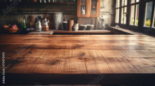 Rustic wooden kitchen countertop with warm sunlight streaming through, inviting home cooking and family gatherings.