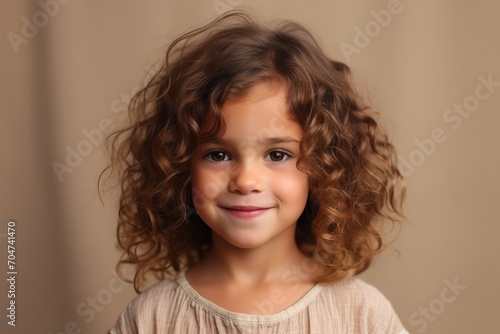 Portrait of a cute little girl with curly hair on a beige background