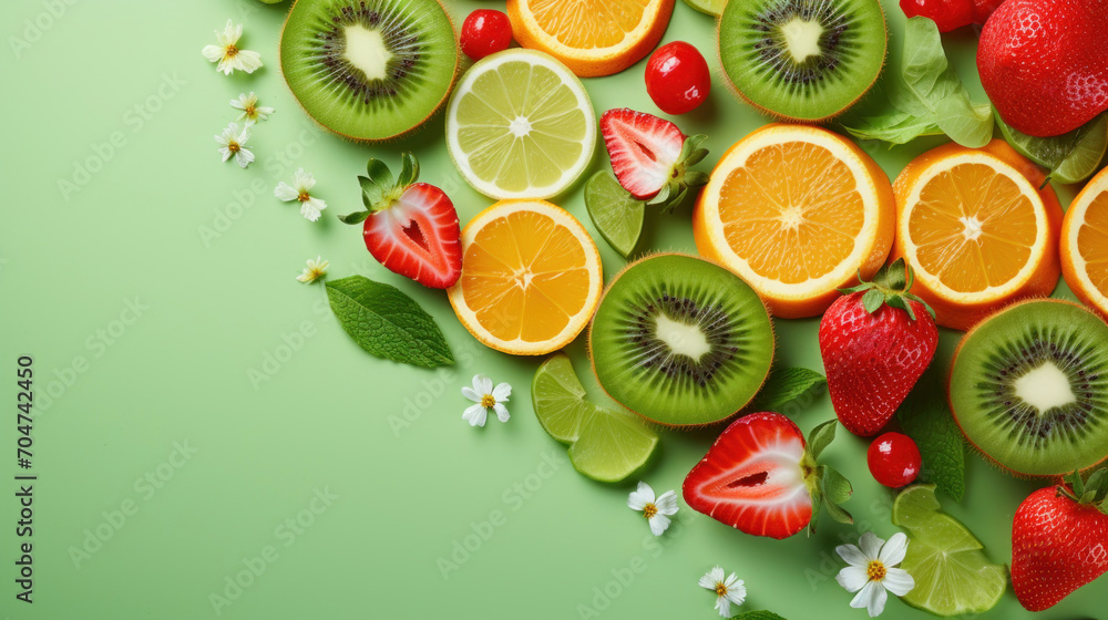 Tropical and seasonal fruit arrangement with strawberries, oranges, and kiwi amongst white spring blossoms on a lively green background. - obrazy, fototapety, plakaty 