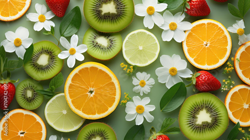 Bright and healthy citrus fruits like oranges, limes, and kiwis with strawberries and spring flowers on a vivid green background. © tashechka