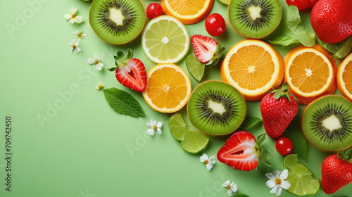 Tropical and seasonal fruit arrangement with strawberries, oranges, and kiwi amongst white spring blossoms on a lively green background. photo