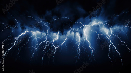 A powerful electrical storm lights up the night sky with multiple lightning bolts, emanating a sense of nature's raw energy.