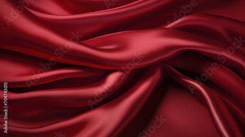 Close-up of a luxurious deep red satin fabric, showcasing the elegant drapes and reflective sheen of the material.