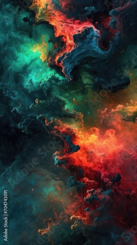 a vibrant clash of red and teal colors, resembling a cosmic nebula or a dynamic fluid art piece © chriz