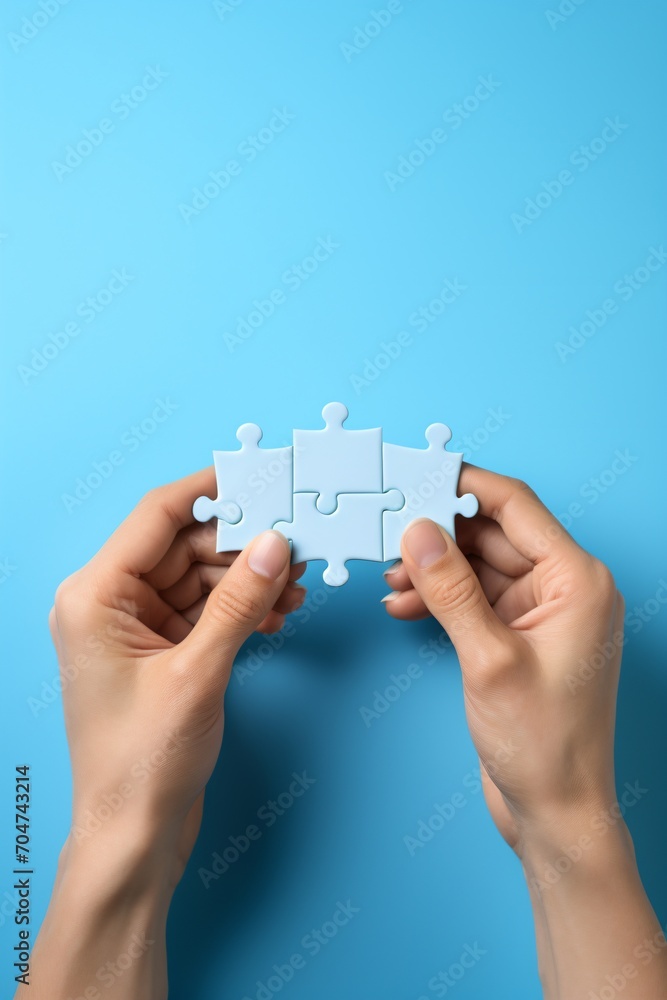 Four puzzle pieces coming together in a hand, Four puzzle pieces coming together in a hand,