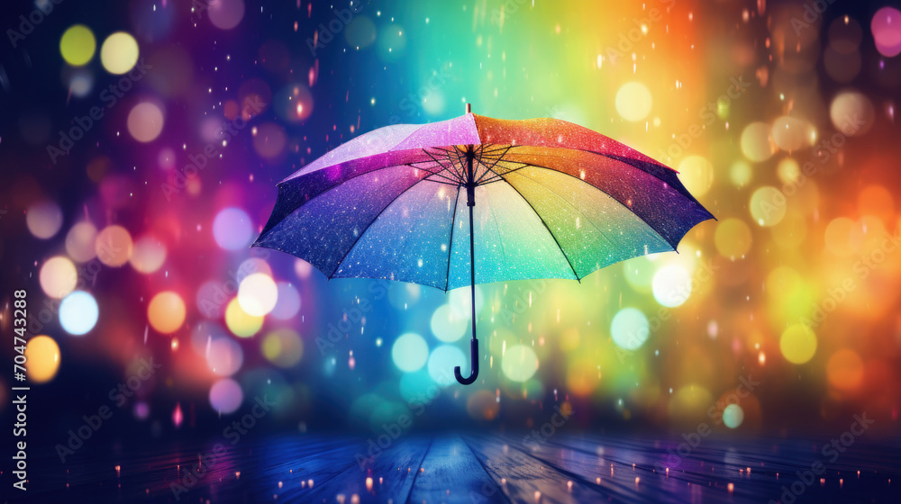 A colorful umbrella stands out in a mesmerizing display of festive bokeh lights, suggesting joy and celebration even on rainy days.