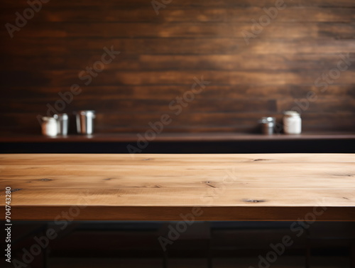 Rustic wooden table with a blurred background