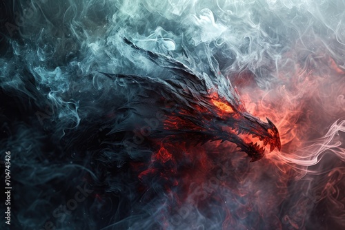 Image of dragon with colourful smoke on black background. Mythical creatures. Illustration