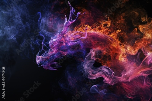 Image of dragon with colourful smoke on black background. Mythical creatures. Illustration