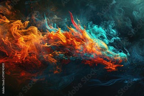 Image of dragon with colourful smoke on black background. Mythical creatures. Illustration © Nijieimu