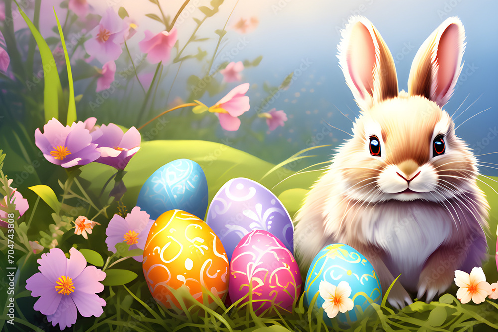 The charm of the card with cute Easter bunny illustrations generative ai