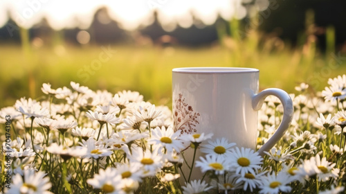 A peaceful scene of a white coffee cup surrounded by a field of daisies, bathed in the warm glow of morning light.