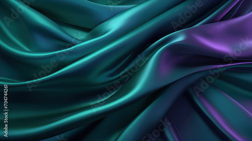 Smooth drapery of satin fabric in rich teal and purple hues, conveying a sense of luxury and elegance.