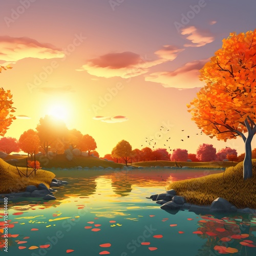 Colorful autumn landscape with a lake and trees