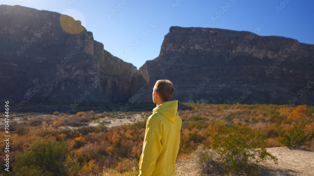 Man at Santa Elena Canyon at Big Bend National Park, Texas Man at Santa Elena Canyon at Big Bend National Park, Texas
