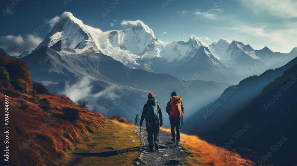 Two hikers with backpacks walking on a mountain trail, with majestic snowy peaks in the background, adventure trekking.