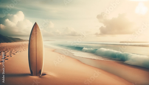 A vintage effect style picture of a surfboard on a tropical beach with soft waves and a misty horizon - Generative AI © lilyl
