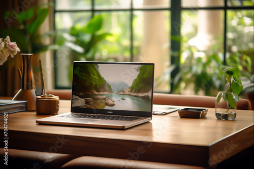 Wallpaper Mural Workspace for Modern Professionals: Desk Setup with Laptop for Remote Work, Generative Ai Torontodigital.ca