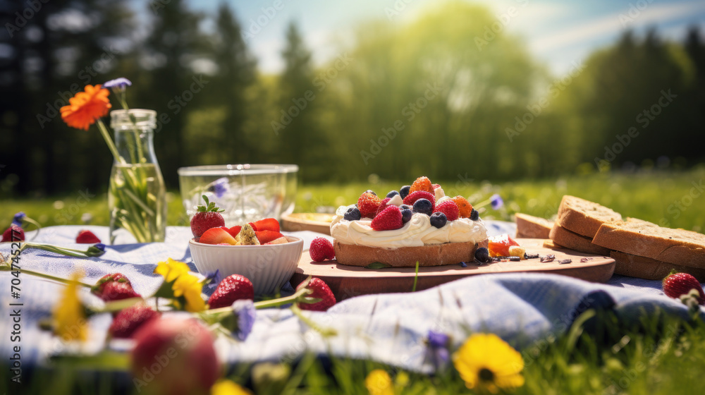 A delightful summer picnic setup on a blue checkered blanket with fresh fruits, pastries, and wildflowers in a sunny meadow. - obrazy, fototapety, plakaty 