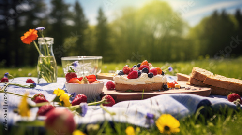 A delightful summer picnic setup on a blue checkered blanket with fresh fruits, pastries, and wildflowers in a sunny meadow.