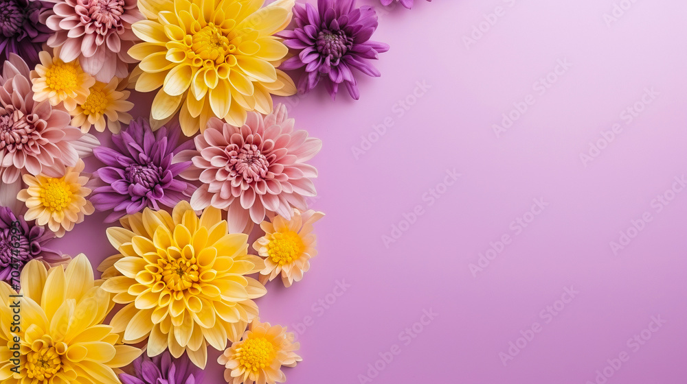 Obraz premium A flat lay of yellow and purple chrysanthemum flowers on a pink background with copy space