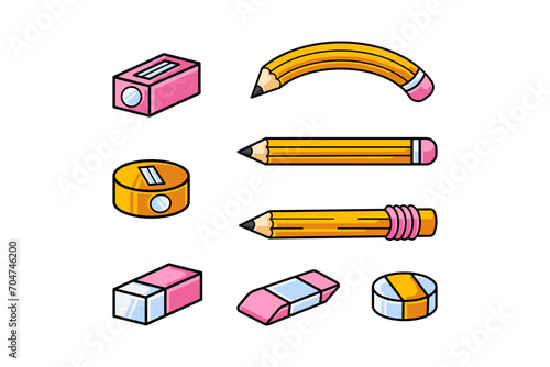 set of stationery with pencil, pencil shaving, eraser illustration vector for back school