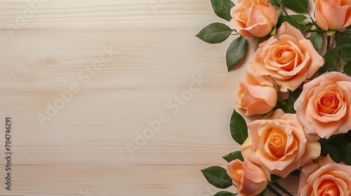 Flat lay of peach-colored roses on a light wood table with copy space © Raveen