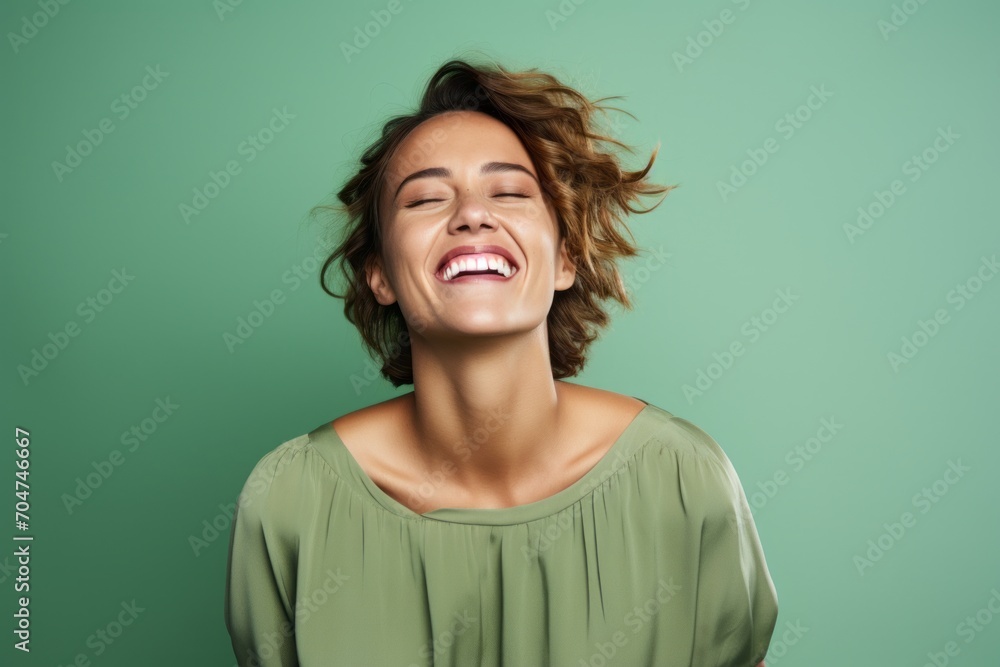 Portrait of a happy young woman laughing on a green background. Portrait of a happy young woman laughing on a green background.