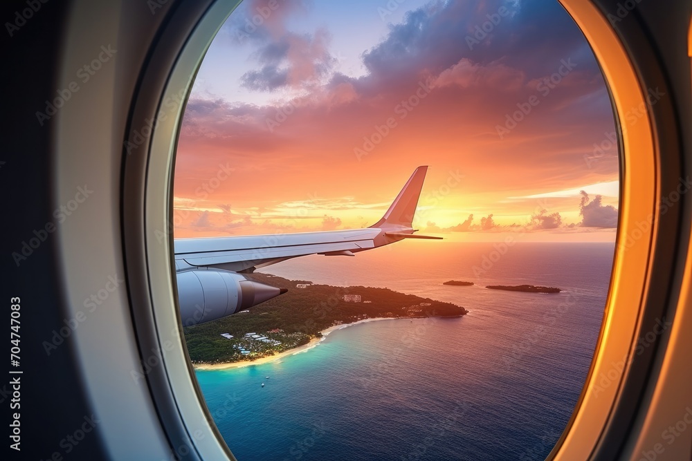 Airplane wing flying plane jet over tropical islands Airplane wing flying plane jet over tropical islands