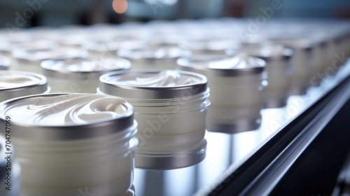 Face cream bottles in rows, assembly line. Beauty concept.