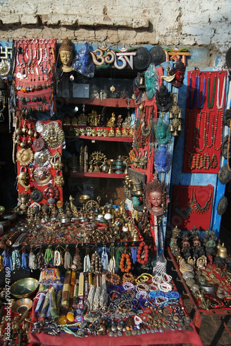 A wide variety of Hindu and Buddhist souvenirs and accessories are sold around Swayambhunath Temple in Kathmandu, Nepal.