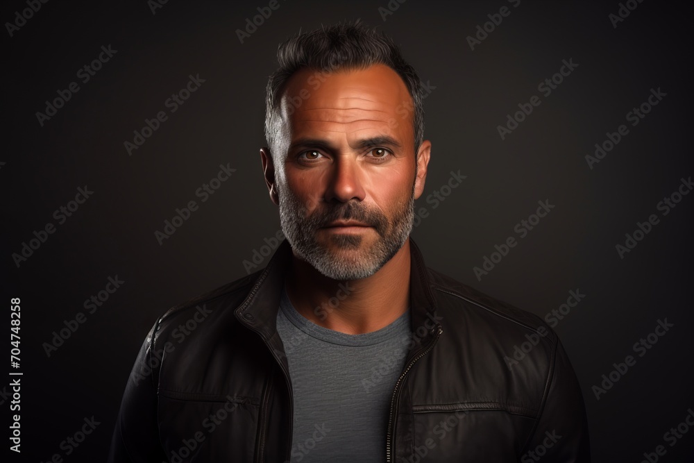 Portrait of a handsome bearded man in a leather jacket on a dark background.