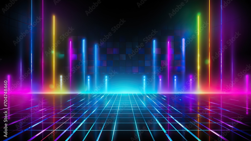 neon lights, spotlights and ray.neon triangle frame with glowing effect on dark background. Blank glowing techno background. Dark background and neon lights.