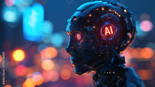 Futuristic Artificial Intelligence: Holographic Profiles, Glowing Data Streams, and Cybernetic Human Faces with Neon Lights and Circuitry