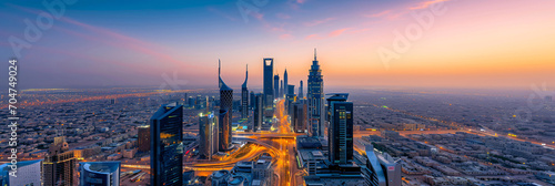 Riyadh City Skyline at Dusk with Dazzling Lights and Modern Architecture, A Stunning Urban Panorama photo