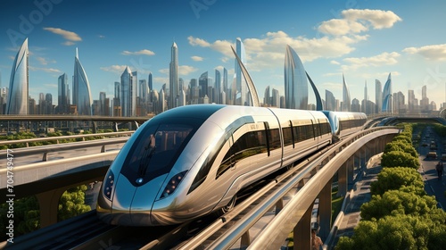 futuristic city maglev train transportation photo