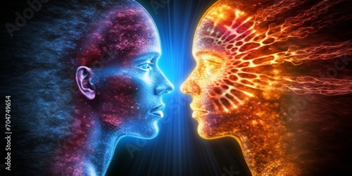 A man and a woman are depicted facing each other, their faces reflecting a powerful connection, symbolizing twin souls and collective consciousness. photo